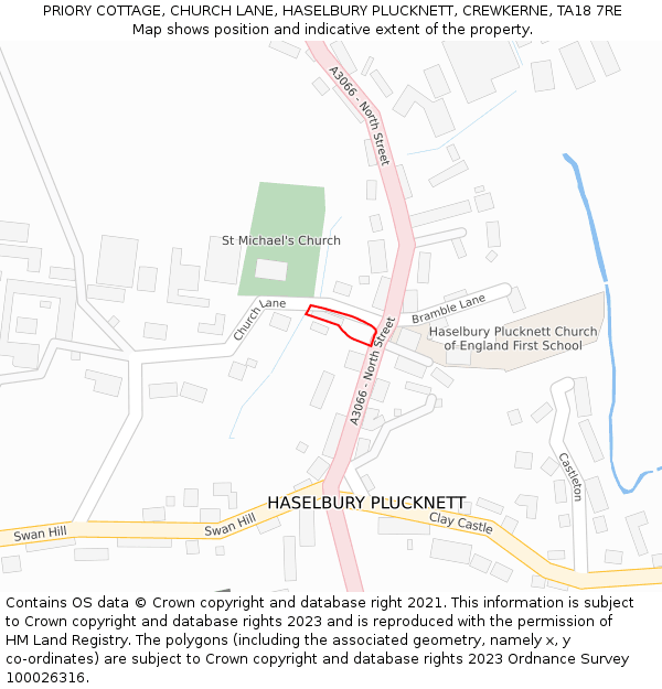 PRIORY COTTAGE, CHURCH LANE, HASELBURY PLUCKNETT, CREWKERNE, TA18 7RE: Location map and indicative extent of plot