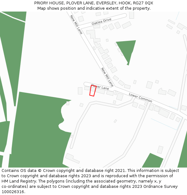 PRIORY HOUSE, PLOVER LANE, EVERSLEY, HOOK, RG27 0QX: Location map and indicative extent of plot