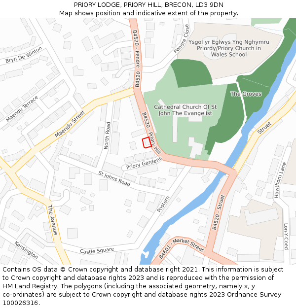 PRIORY LODGE, PRIORY HILL, BRECON, LD3 9DN: Location map and indicative extent of plot