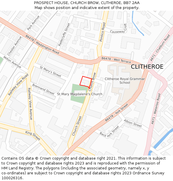 PROSPECT HOUSE, CHURCH BROW, CLITHEROE, BB7 2AA: Location map and indicative extent of plot