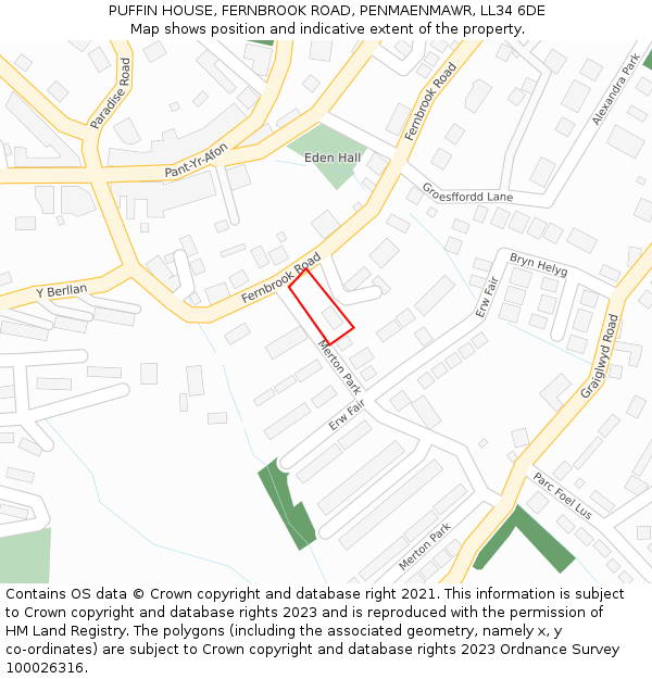PUFFIN HOUSE, FERNBROOK ROAD, PENMAENMAWR, LL34 6DE: Location map and indicative extent of plot