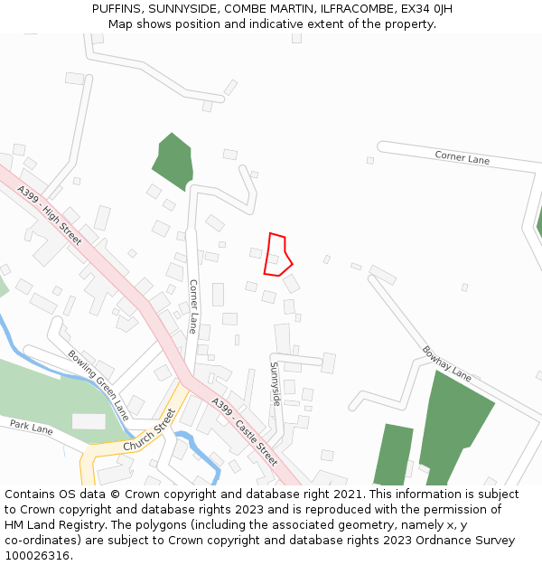 PUFFINS, SUNNYSIDE, COMBE MARTIN, ILFRACOMBE, EX34 0JH: Location map and indicative extent of plot