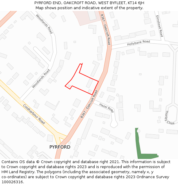 PYRFORD END, OAKCROFT ROAD, WEST BYFLEET, KT14 6JH: Location map and indicative extent of plot