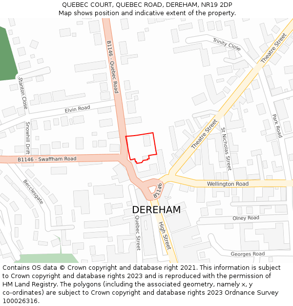 QUEBEC COURT, QUEBEC ROAD, DEREHAM, NR19 2DP: Location map and indicative extent of plot