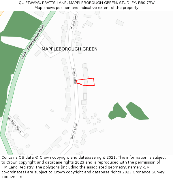 QUIETWAYS, PRATTS LANE, MAPPLEBOROUGH GREEN, STUDLEY, B80 7BW: Location map and indicative extent of plot
