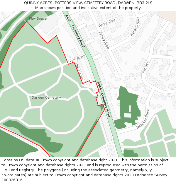 QUINNY ACRES, POTTERS VIEW, CEMETERY ROAD, DARWEN, BB3 2LS: Location map and indicative extent of plot