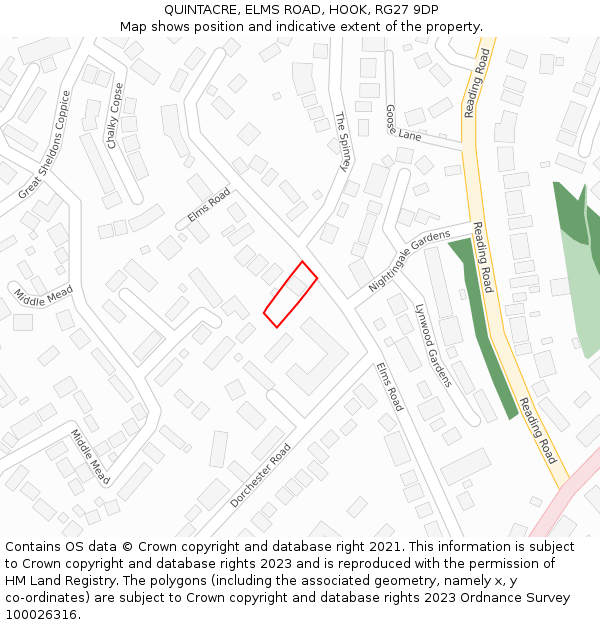 QUINTACRE, ELMS ROAD, HOOK, RG27 9DP: Location map and indicative extent of plot