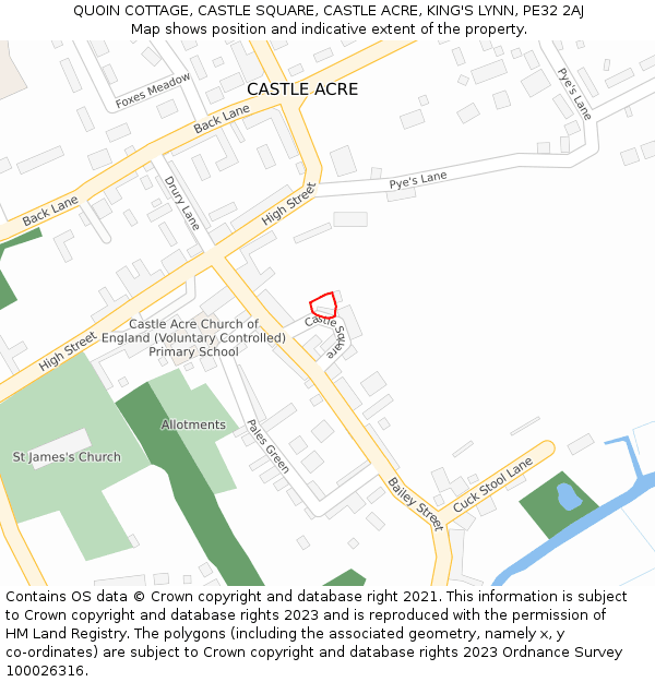 QUOIN COTTAGE, CASTLE SQUARE, CASTLE ACRE, KING'S LYNN, PE32 2AJ: Location map and indicative extent of plot