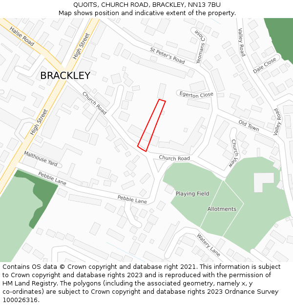 QUOITS, CHURCH ROAD, BRACKLEY, NN13 7BU: Location map and indicative extent of plot