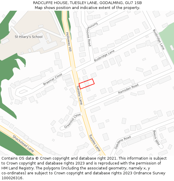 RADCLIFFE HOUSE, TUESLEY LANE, GODALMING, GU7 1SB: Location map and indicative extent of plot