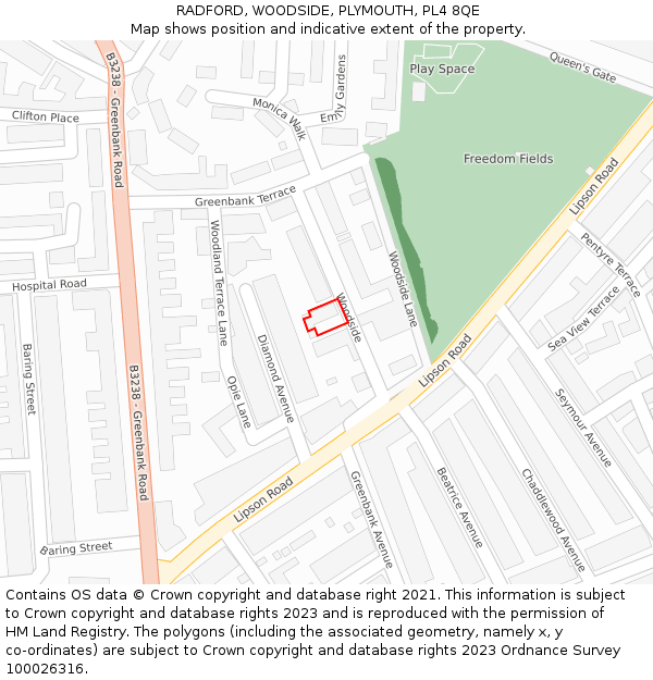 RADFORD, WOODSIDE, PLYMOUTH, PL4 8QE: Location map and indicative extent of plot