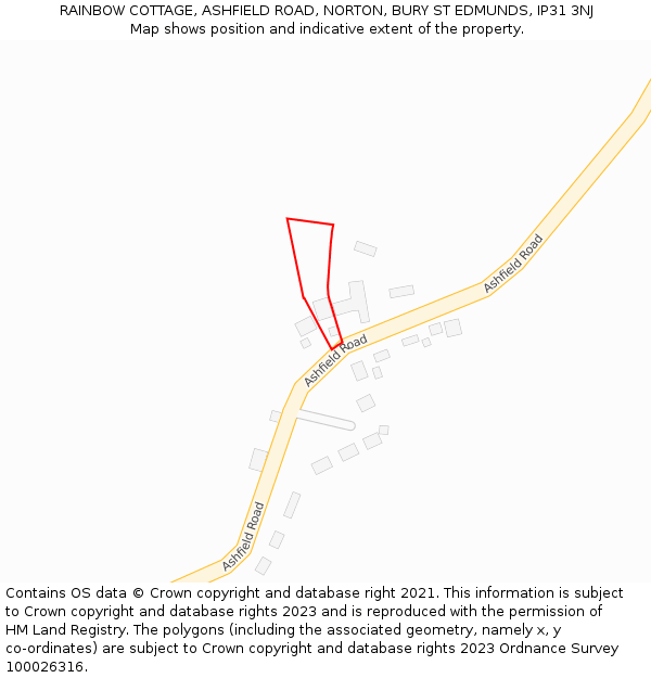 RAINBOW COTTAGE, ASHFIELD ROAD, NORTON, BURY ST EDMUNDS, IP31 3NJ: Location map and indicative extent of plot