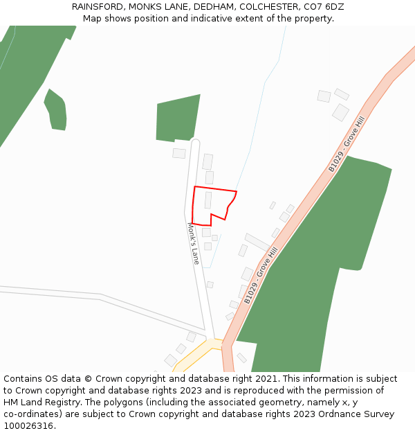 RAINSFORD, MONKS LANE, DEDHAM, COLCHESTER, CO7 6DZ: Location map and indicative extent of plot