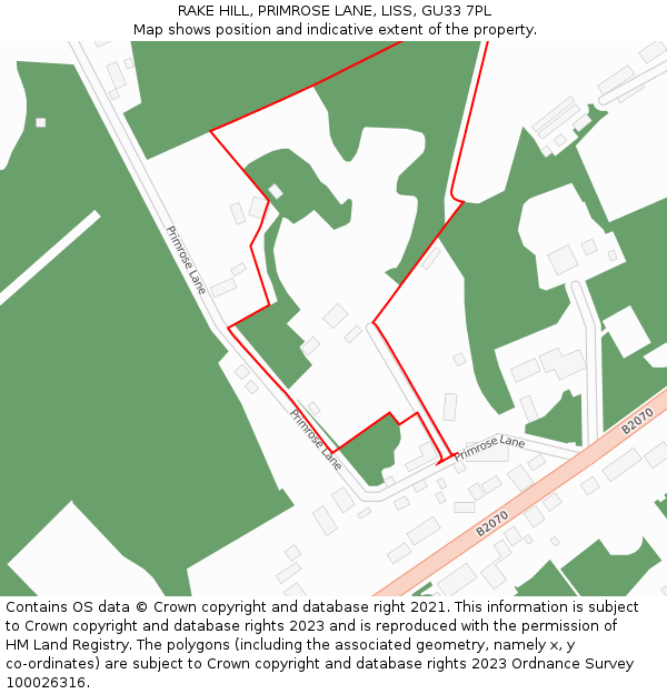 RAKE HILL, PRIMROSE LANE, LISS, GU33 7PL: Location map and indicative extent of plot