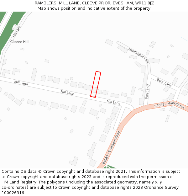 RAMBLERS, MILL LANE, CLEEVE PRIOR, EVESHAM, WR11 8JZ: Location map and indicative extent of plot