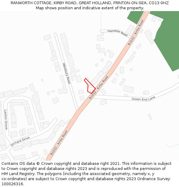 RANWORTH COTTAGE, KIRBY ROAD, GREAT HOLLAND, FRINTON-ON-SEA, CO13 0HZ: Location map and indicative extent of plot