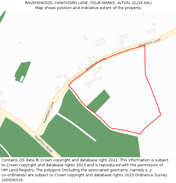 RAVENSWOOD, HAWTHORN LANE, FOUR MARKS, ALTON, GU34 5AU: Location map and indicative extent of plot