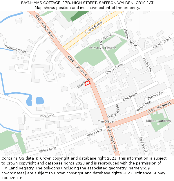 RAYNHAMS COTTAGE, 17B, HIGH STREET, SAFFRON WALDEN, CB10 1AT: Location map and indicative extent of plot