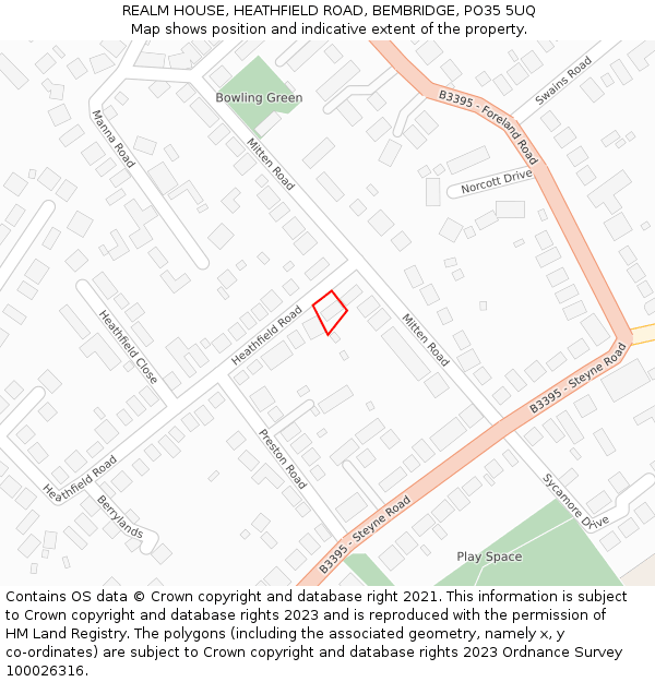 REALM HOUSE, HEATHFIELD ROAD, BEMBRIDGE, PO35 5UQ: Location map and indicative extent of plot