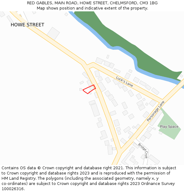 RED GABLES, MAIN ROAD, HOWE STREET, CHELMSFORD, CM3 1BG: Location map and indicative extent of plot