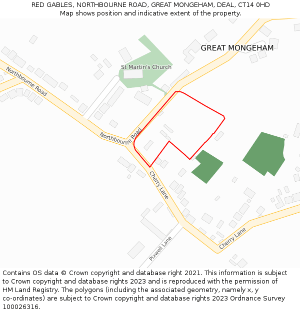 RED GABLES, NORTHBOURNE ROAD, GREAT MONGEHAM, DEAL, CT14 0HD: Location map and indicative extent of plot
