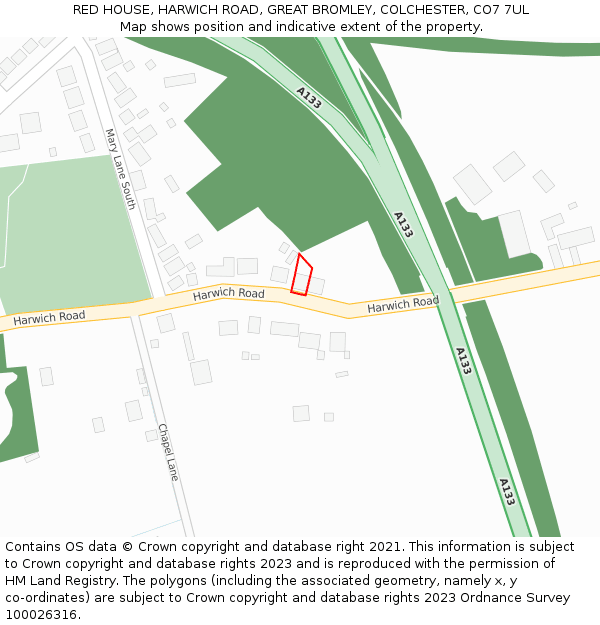 RED HOUSE, HARWICH ROAD, GREAT BROMLEY, COLCHESTER, CO7 7UL: Location map and indicative extent of plot