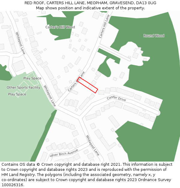 RED ROOF, CARTERS HILL LANE, MEOPHAM, GRAVESEND, DA13 0UG: Location map and indicative extent of plot