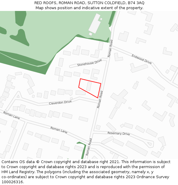 RED ROOFS, ROMAN ROAD, SUTTON COLDFIELD, B74 3AQ: Location map and indicative extent of plot