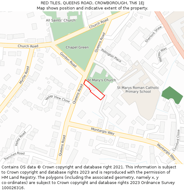 RED TILES, QUEENS ROAD, CROWBOROUGH, TN6 1EJ: Location map and indicative extent of plot