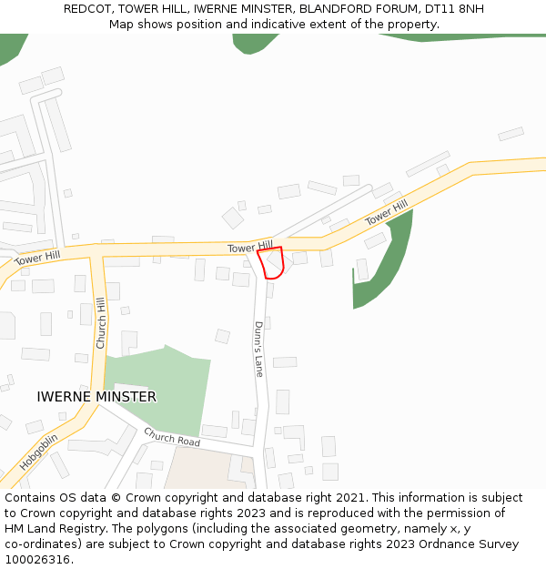 REDCOT, TOWER HILL, IWERNE MINSTER, BLANDFORD FORUM, DT11 8NH: Location map and indicative extent of plot