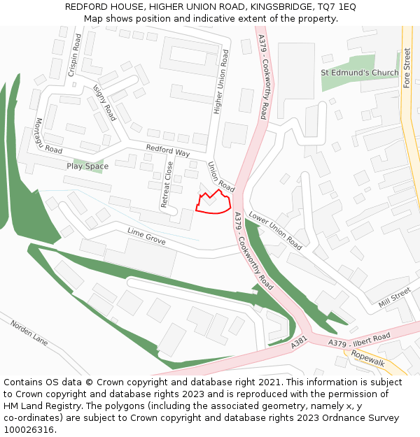 REDFORD HOUSE, HIGHER UNION ROAD, KINGSBRIDGE, TQ7 1EQ: Location map and indicative extent of plot