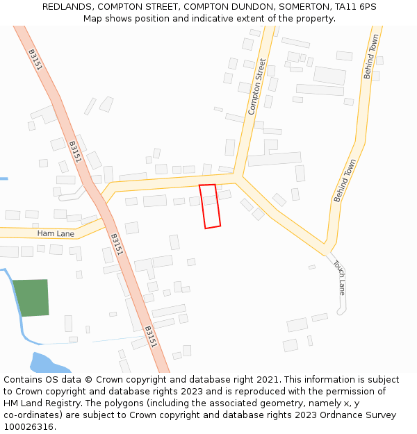 REDLANDS, COMPTON STREET, COMPTON DUNDON, SOMERTON, TA11 6PS: Location map and indicative extent of plot