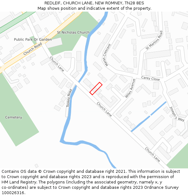 REDLEIF, CHURCH LANE, NEW ROMNEY, TN28 8ES: Location map and indicative extent of plot