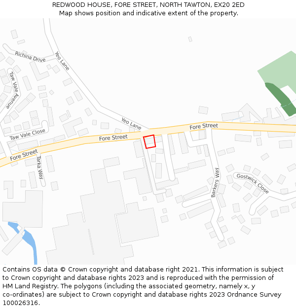 REDWOOD HOUSE, FORE STREET, NORTH TAWTON, EX20 2ED: Location map and indicative extent of plot