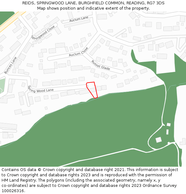 REIDS, SPRINGWOOD LANE, BURGHFIELD COMMON, READING, RG7 3DS: Location map and indicative extent of plot
