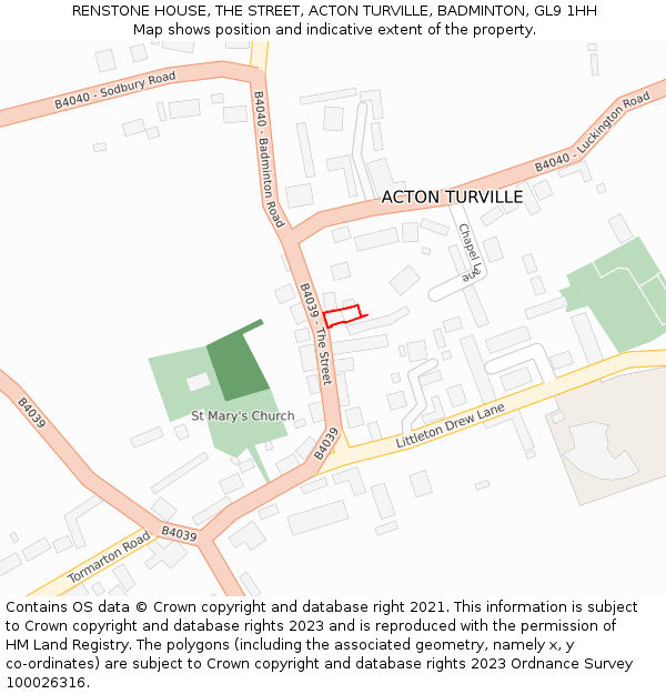 RENSTONE HOUSE, THE STREET, ACTON TURVILLE, BADMINTON, GL9 1HH: Location map and indicative extent of plot