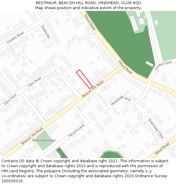 RESTMAUR, BEACON HILL ROAD, HINDHEAD, GU26 6QD: Location map and indicative extent of plot