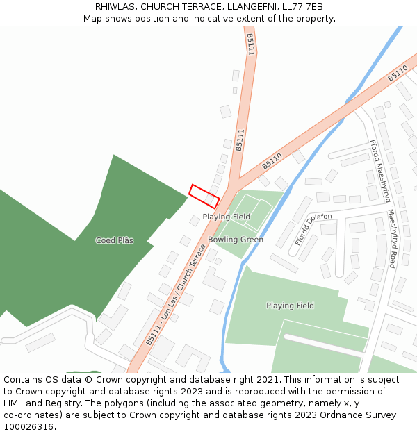 RHIWLAS, CHURCH TERRACE, LLANGEFNI, LL77 7EB: Location map and indicative extent of plot