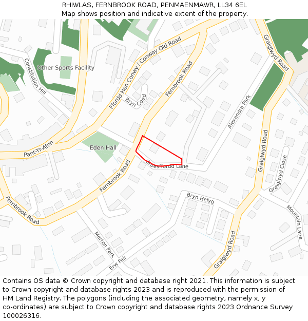 RHIWLAS, FERNBROOK ROAD, PENMAENMAWR, LL34 6EL: Location map and indicative extent of plot
