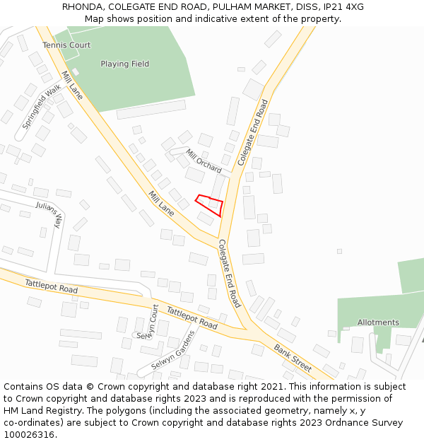 RHONDA, COLEGATE END ROAD, PULHAM MARKET, DISS, IP21 4XG: Location map and indicative extent of plot