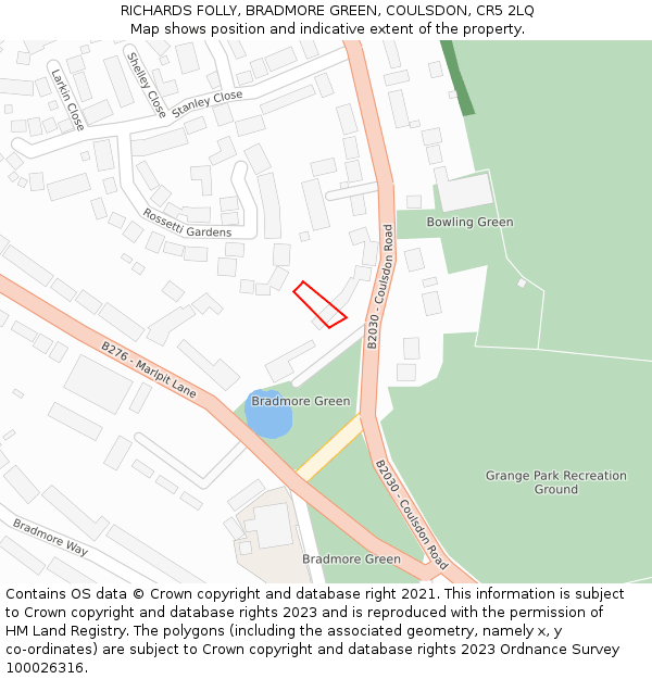 RICHARDS FOLLY, BRADMORE GREEN, COULSDON, CR5 2LQ: Location map and indicative extent of plot