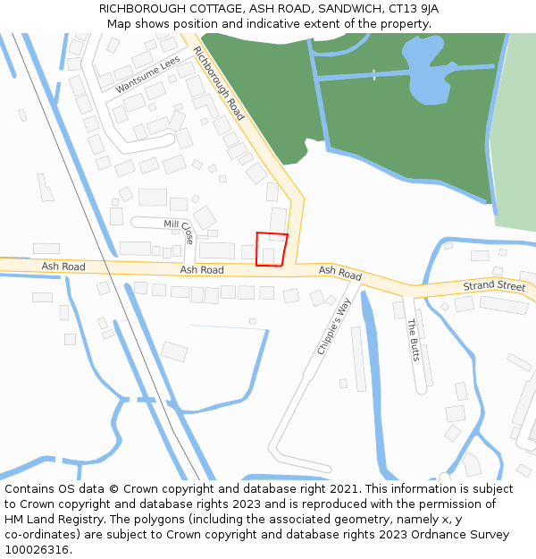 RICHBOROUGH COTTAGE, ASH ROAD, SANDWICH, CT13 9JA: Location map and indicative extent of plot