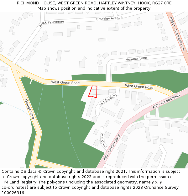 RICHMOND HOUSE, WEST GREEN ROAD, HARTLEY WINTNEY, HOOK, RG27 8RE: Location map and indicative extent of plot