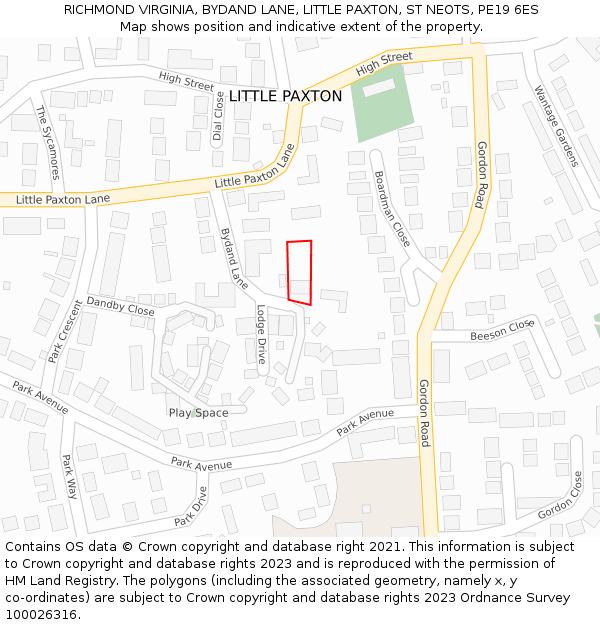 RICHMOND VIRGINIA, BYDAND LANE, LITTLE PAXTON, ST NEOTS, PE19 6ES: Location map and indicative extent of plot