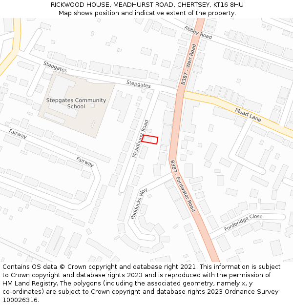 RICKWOOD HOUSE, MEADHURST ROAD, CHERTSEY, KT16 8HU: Location map and indicative extent of plot