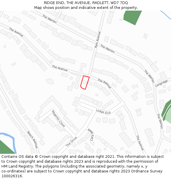 RIDGE END, THE AVENUE, RADLETT, WD7 7DQ: Location map and indicative extent of plot