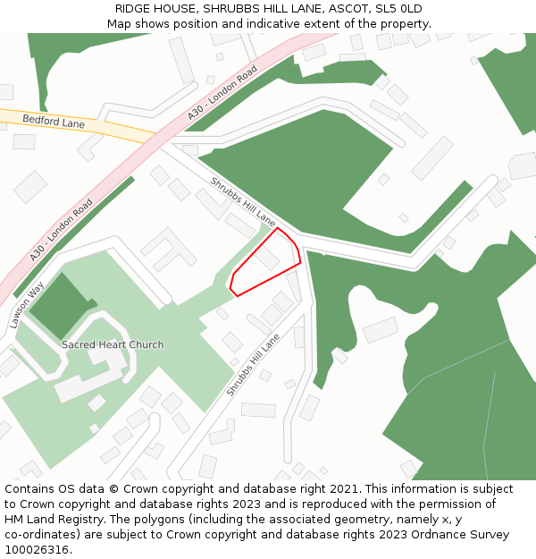RIDGE HOUSE, SHRUBBS HILL LANE, ASCOT, SL5 0LD: Location map and indicative extent of plot