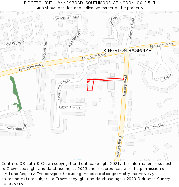 RIDGEBOURNE, HANNEY ROAD, SOUTHMOOR, ABINGDON, OX13 5HT: Location map and indicative extent of plot