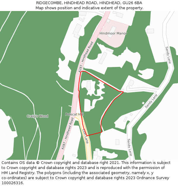 RIDGECOMBE, HINDHEAD ROAD, HINDHEAD, GU26 6BA: Location map and indicative extent of plot