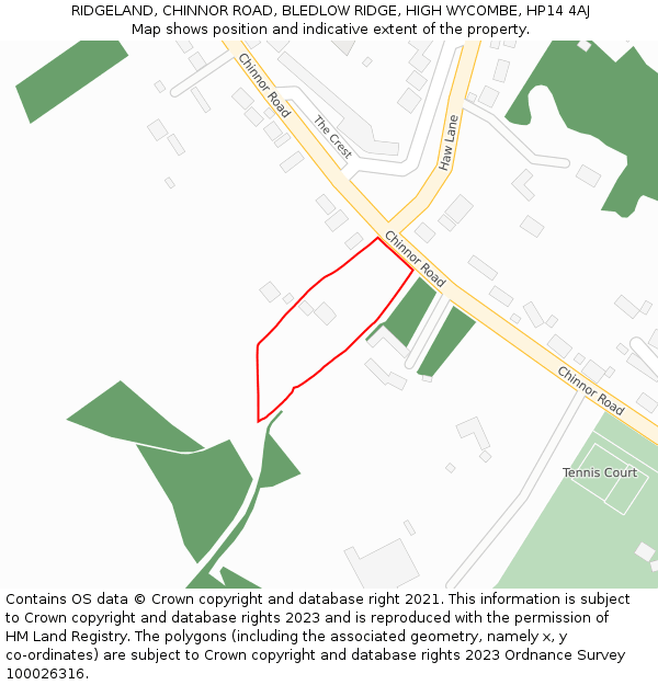 RIDGELAND, CHINNOR ROAD, BLEDLOW RIDGE, HIGH WYCOMBE, HP14 4AJ: Location map and indicative extent of plot